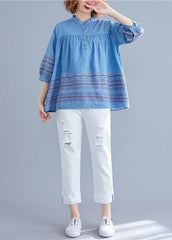DIY denim blue cotton shirts women stand collar embroidery summer blouse HTP190507