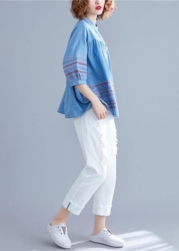 DIY denim blue cotton shirts women stand collar embroidery summer blouse HTP190507