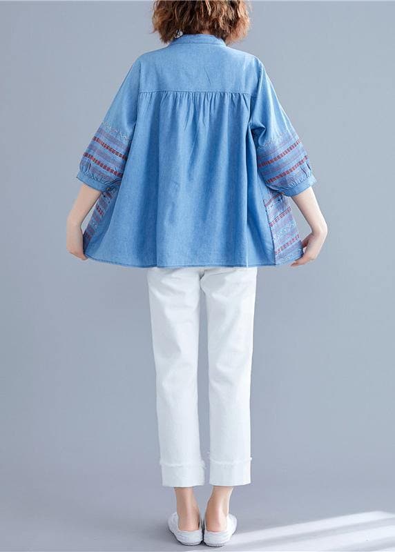DIY denim blue cotton shirts women stand collar embroidery summer blouse HTP190507