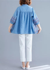 DIY denim blue cotton shirts women stand collar embroidery summer blouse HTP190507