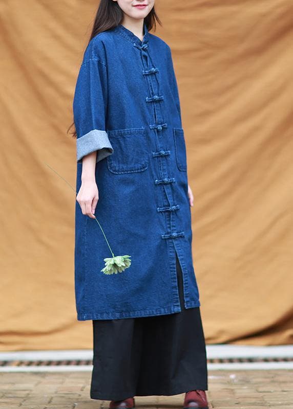 DIY denim blue tunic stand collar pockets Maxi Dress FDL200922