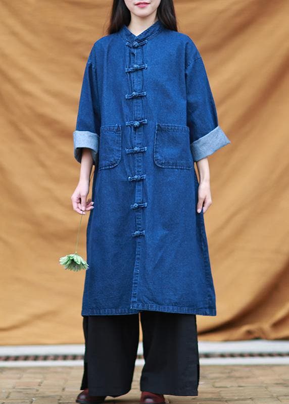 DIY denim blue tunic stand collar pockets Maxi Dress FDL200922