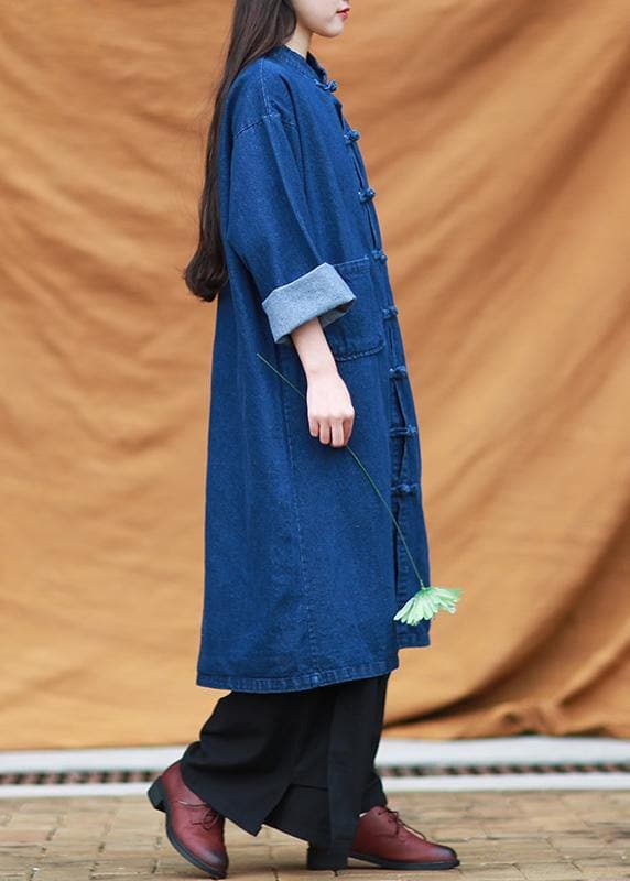DIY denim blue tunic stand collar pockets Maxi Dress FDL200922