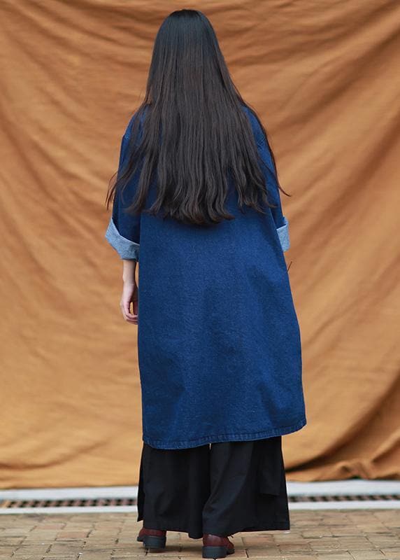 DIY denim blue tunic stand collar pockets Maxi Dress FDL200922