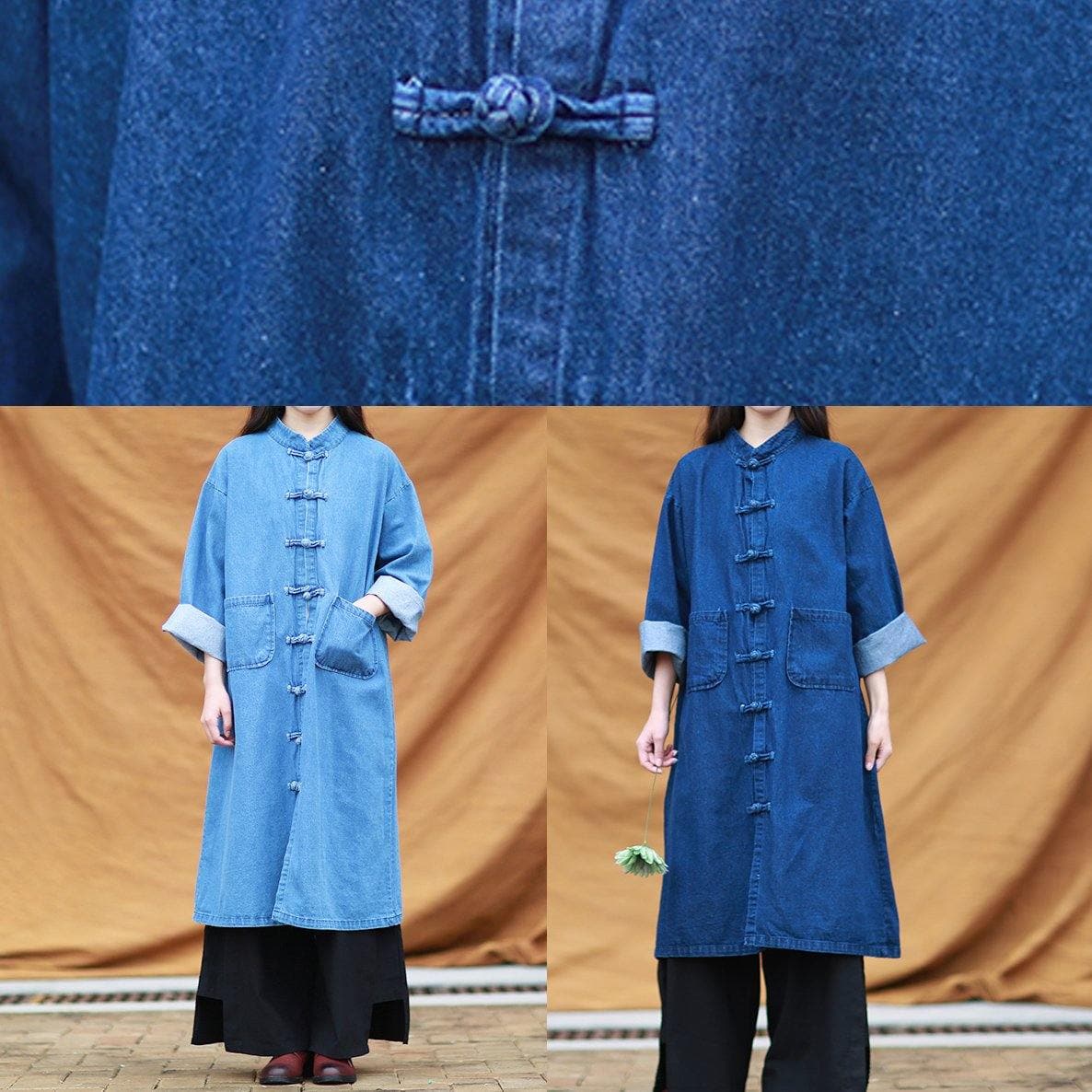 DIY denim blue tunic stand collar pockets Maxi Dress FDL200922