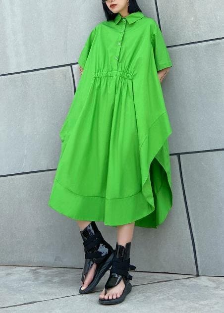 DIY green cotton clothes Women lapel asymmetric Kaftan Dress AT-SDL200508
