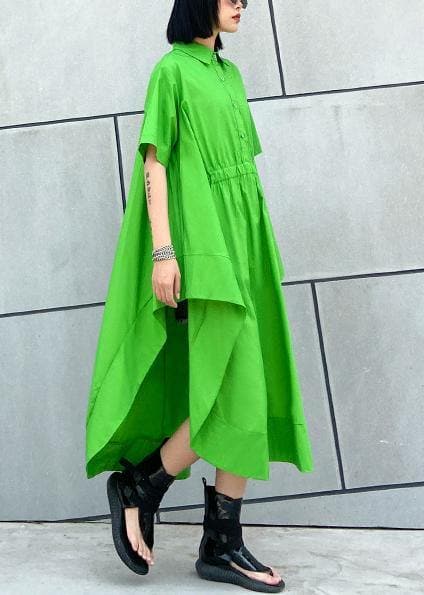 DIY green cotton clothes Women lapel asymmetric Kaftan Dress AT-SDL200508