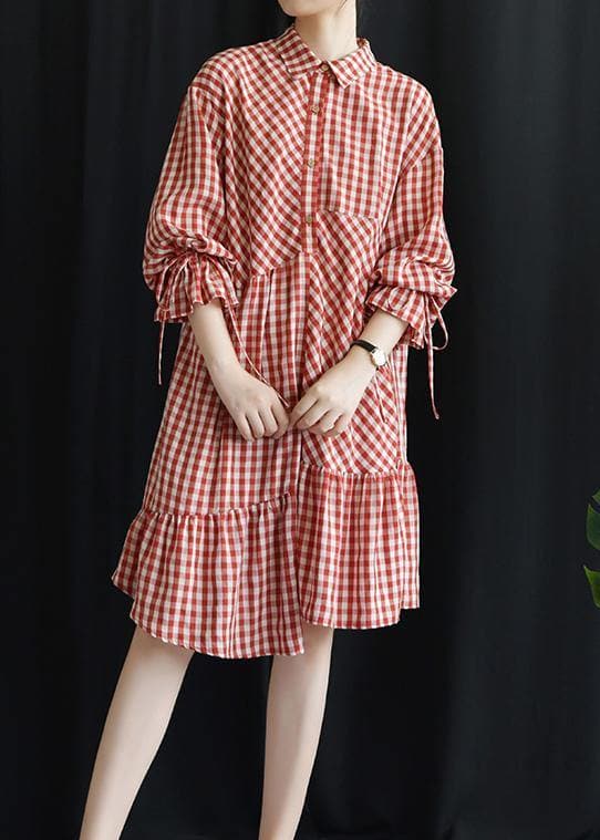 DIY lapel asymmetric Cotton dresses Fashion Ideas red Plaid Dress fall FDM190827