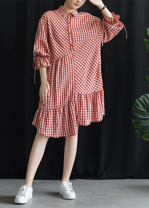 DIY lapel asymmetric Cotton dresses Fashion Ideas red Plaid Dress fall FDM190827