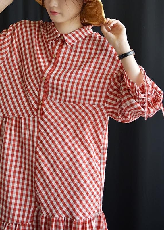 DIY lapel asymmetric Cotton dresses Fashion Ideas red Plaid Dress fall FDM190827