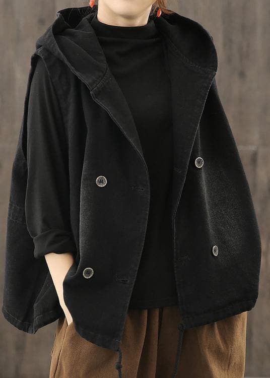 Denim Black Waistcoat 2021 Autumn Loose Large Size Tooling Double Breasted Hooded Vest TCT200915