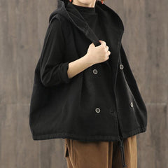 Denim Black Waistcoat 2021 Autumn Loose Large Size Tooling Double Breasted Hooded Vest TCT200915