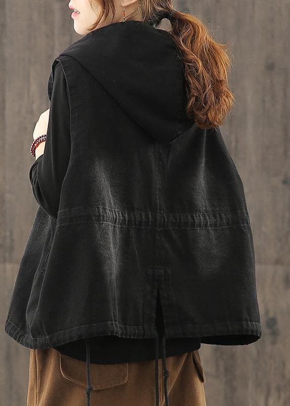 Denim Black Waistcoat 2021 Autumn Loose Large Size Tooling Double Breasted Hooded Vest TCT200915