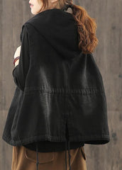 Denim Black Waistcoat 2021 Autumn Loose Large Size Tooling Double Breasted Hooded Vest TCT200915