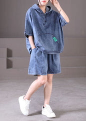Denim Blue Cotton Tops And Shorts Two Piece Set Outfits Hooded Drawstring Summer WG-TPIEC220722