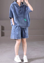 Denim Blue Cotton Tops And Shorts Two Piece Set Outfits Hooded Drawstring Summer WG-TPIEC220722