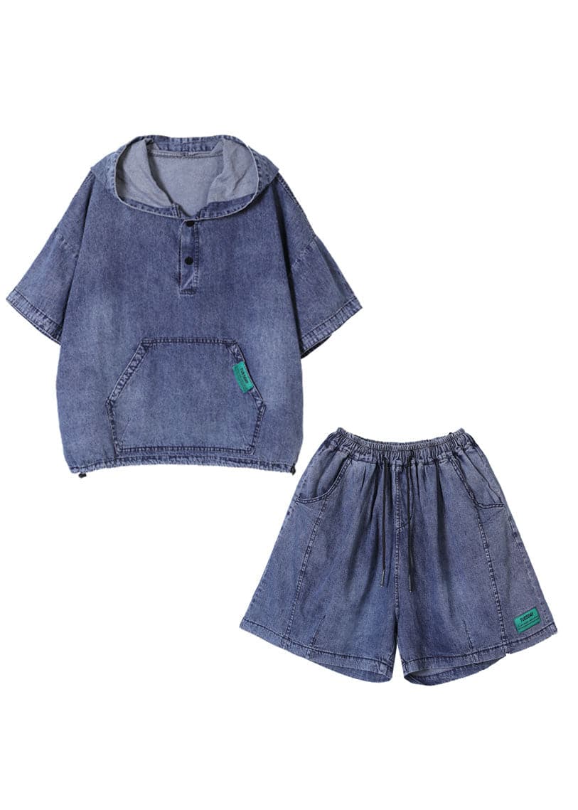 Denim Blue Cotton Tops And Shorts Two Piece Set Outfits Hooded Drawstring Summer WG-TPIEC220722