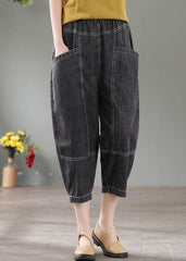 Denim Grey Patchwork Cotton Crop Pants High Waist Pockets Summer NZ-CPTS220627