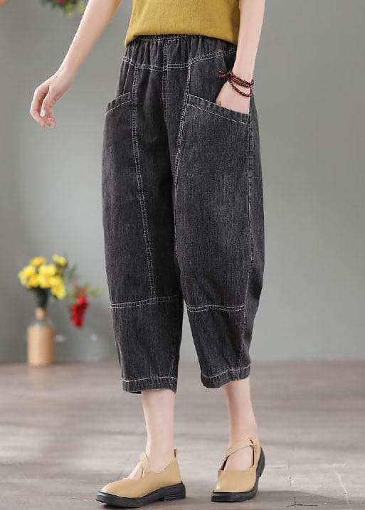 Denim Grey Patchwork Cotton Crop Pants High Waist Pockets Summer NZ-CPTS220627