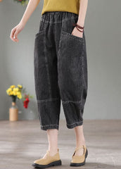 Denim Grey Patchwork Cotton Crop Pants High Waist Pockets Summer NZ-CPTS220627