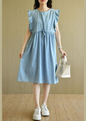 Denim Light Blue O-Necktie Waist Summer Cotton Dresses Sleeveless TR-SDL210805