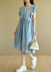 Denim Light Blue O-Necktie Waist Summer Cotton Dresses Sleeveless TR-SDL210805