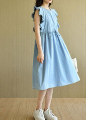 Denim Light Blue O-Necktie Waist Summer Cotton Dresses Sleeveless TR-SDL210805