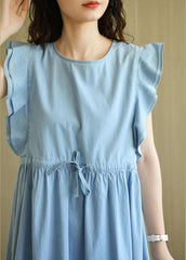Denim Light Blue O-Necktie Waist Summer Cotton Dresses Sleeveless TR-SDL210805