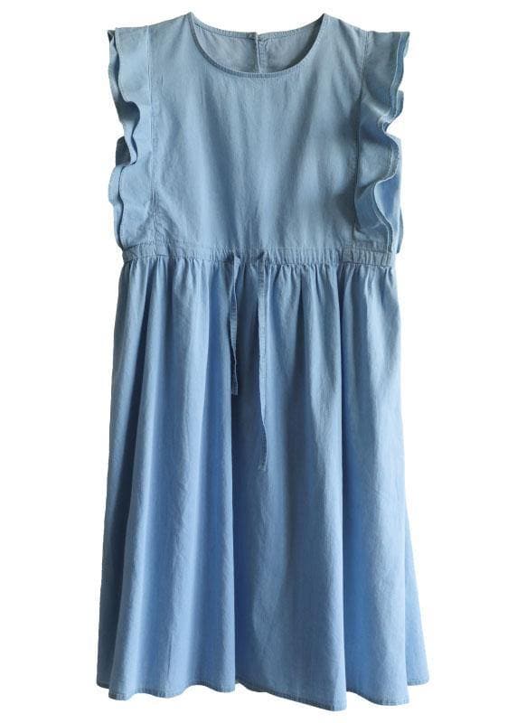 Denim Light Blue O-Necktie Waist Summer Cotton Dresses Sleeveless TR-SDL210805