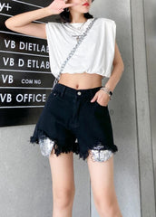 Denim black shorts women's thin section large size hole high waist pants AT-SPTS200623