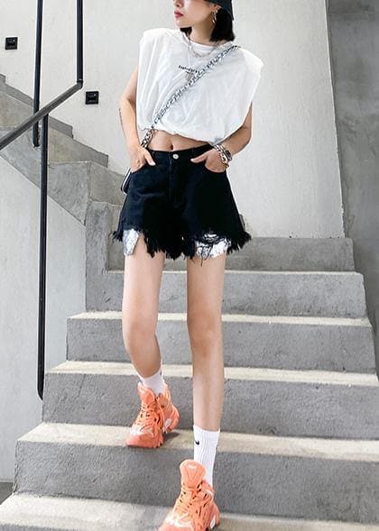 Denim black shorts women's thin section large size hole high waist pants AT-SPTS200623