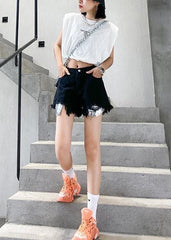 Denim black shorts women's thin section large size hole high waist pants AT-SPTS200623