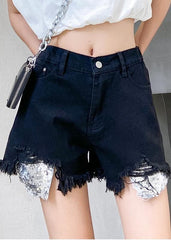 Denim black shorts women's thin section large size hole high waist pants AT-SPTS200623