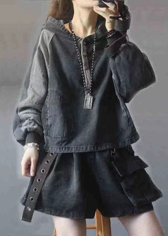 Elegant Black hooded Patchwork Button Fall Denim Pullover Street wear BSJK-LTP211013