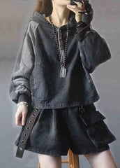 Elegant Black hooded Patchwork Button Fall Denim Pullover Street wear BSJK-LTP211013