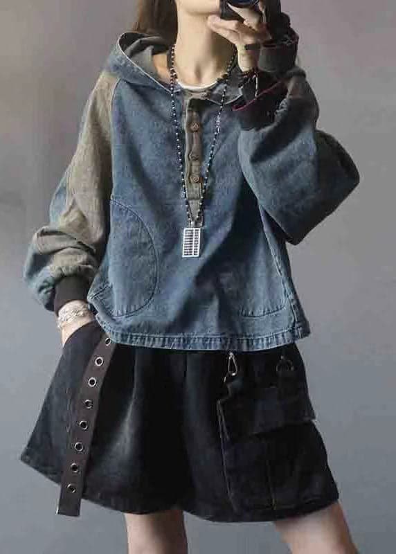 Elegant Black hooded Patchwork Button Fall Denim Pullover Street wear BSJK-LTP211013
