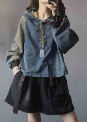 Elegant Black hooded Patchwork Button Fall Denim Pullover Street wear BSJK-LTP211013