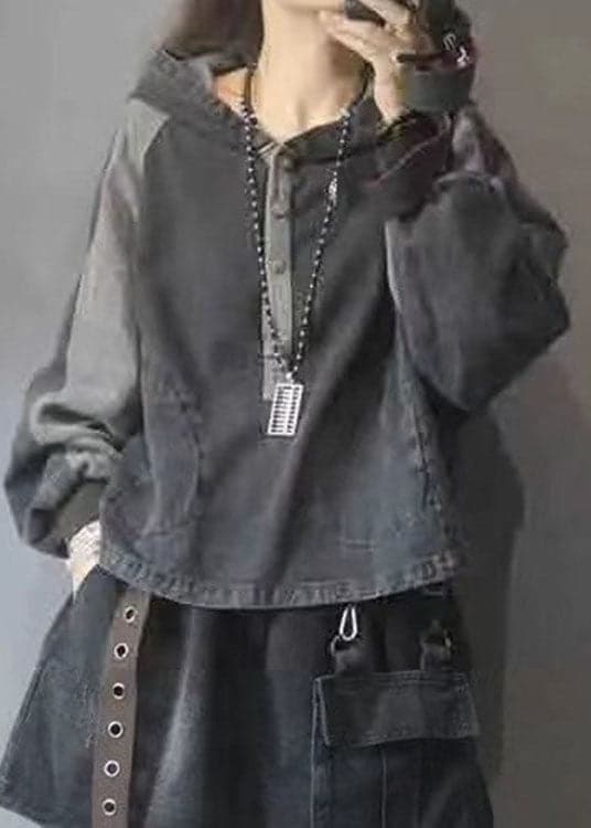 Elegant Black hooded Patchwork Button Fall Denim Pullover Street wear BSJK-LTP211013