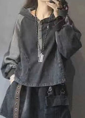 Elegant Black hooded Patchwork Button Fall Denim Pullover Street wear BSJK-LTP211013