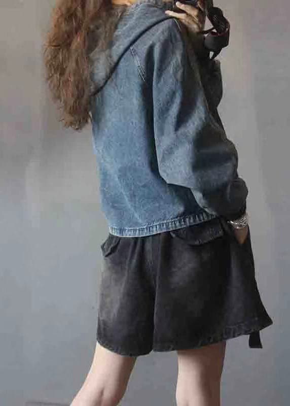 Elegant Black hooded Patchwork Button Fall Denim Pullover Street wear BSJK-LTP211013