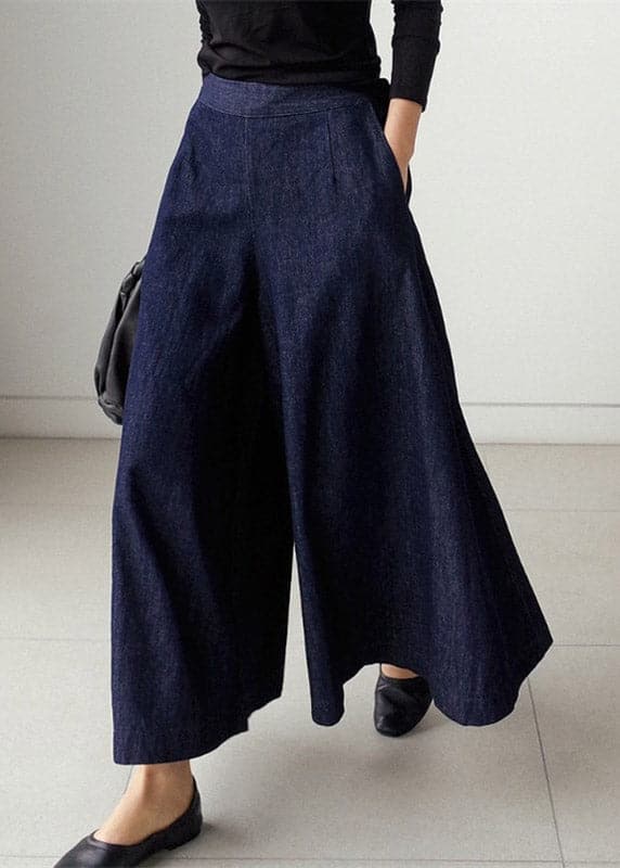 Elegant Blue Pockets Wide Leg Denim Pants Spring HS-CPTS220407