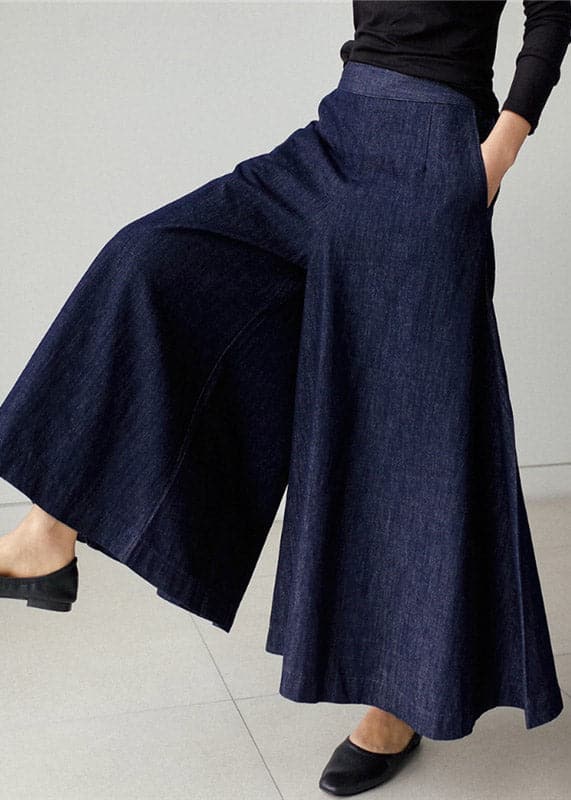 Elegant Blue Pockets Wide Leg Denim Pants Spring HS-CPTS220407