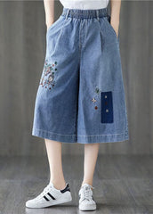 Elegant Denim Blue Elastic Waist Embroideried Cotton Wide Leg Pants Summer GK-CPTS220623