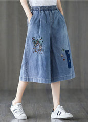 Elegant Denim Blue Elastic Waist Embroideried Cotton Wide Leg Pants Summer GK-CPTS220623