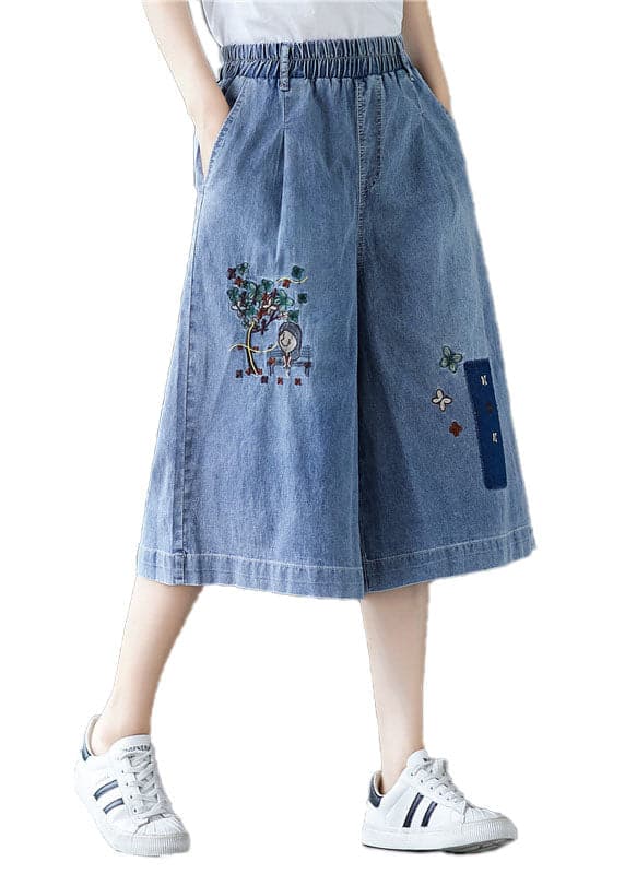 Elegant Denim Blue Elastic Waist Embroideried Cotton Wide Leg Pants Summer GK-CPTS220623