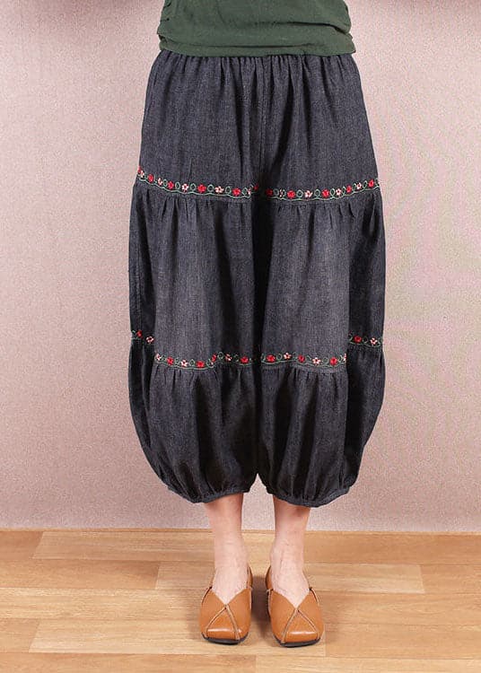 Elegant Denim Blue Elastic Waist Oriental Embroideried Patchwork Cotton Lantern Pants Summer nz-CPTS220519