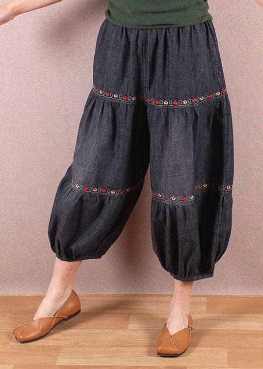 Elegant Denim Blue Elastic Waist Oriental Embroideried Patchwork Cotton Lantern Pants Summer nz-CPTS220519