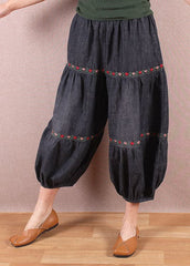 Elegant Denim Blue Elastic Waist Oriental Embroideried Patchwork Cotton Lantern Pants Summer nz-CPTS220519