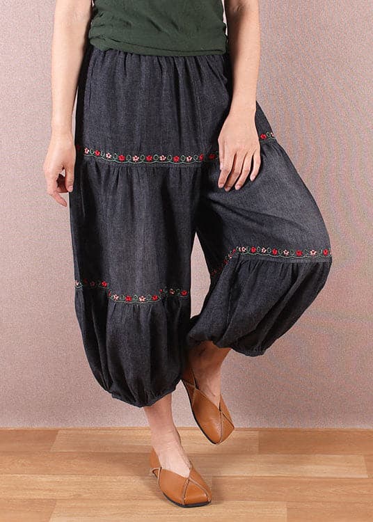 Elegant Denim Blue Elastic Waist Oriental Embroideried Patchwork Cotton Lantern Pants Summer nz-CPTS220519