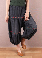 Elegant Denim Blue Elastic Waist Oriental Embroideried Patchwork Cotton Lantern Pants Summer nz-CPTS220519